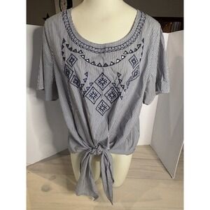 Lane Bryant Womens Plus 14/16 Blue White Striped Top Embroidered Tie Waist Boho